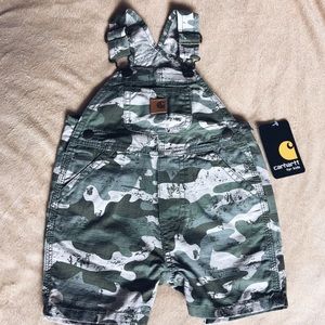 Carhartt green camo bibs short overalls
